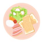 モーニングプレートの無料イラスト素材（ベーコン・卵・トースト・サラダ付き・朝食イラスト）