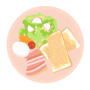 モーニングプレートの無料イラスト素材(ベーコン・卵・トースト・サラダ付き・朝食イラスト)
