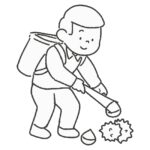 栗拾いをする人（白黒）の無料イラスト素材（線画・秋・モノクロ・塗り絵）