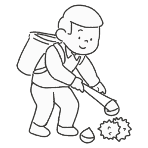 栗拾いをする人（白黒）の無料イラスト素材（線画・秋・モノクロ・塗り絵）