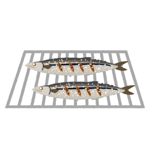 グリルでさんまの焼き魚を作る無料イラスト素材(調理・秋刀魚・和食・料理イラスト)