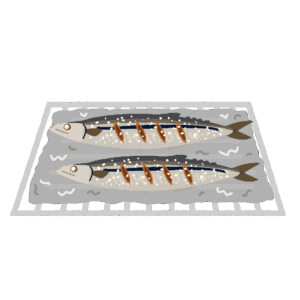 アルミホイルの上で焼くサンマの塩焼きの無料イラスト素材(秋刀魚・和食・調理イラスト)