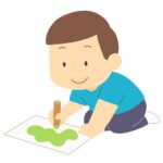 画用紙にお絵かきする男の子の無料イラスト素材（図工・創作・子ども・芸術の秋）