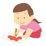 画用紙にお絵かきする女の子の無料イラスト素材（図工・創作・子ども・室内遊び）