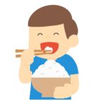 大盛りのご飯を食べる男の子の無料イラスト素材（食事・子ども・食育・元気）