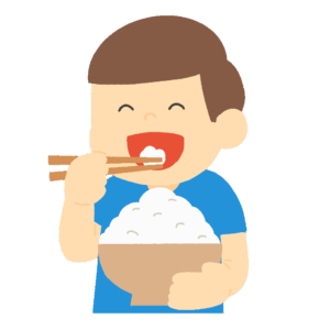 大盛りのご飯を食べる男の子の無料イラスト素材(食事・子ども・食育・元気)