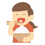 大盛りのご飯を食べる女の子の無料イラスト素材（食事・元気・子ども・食育）