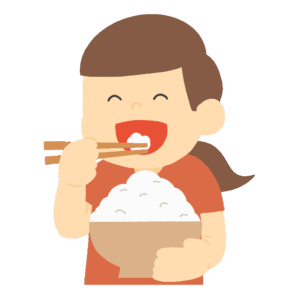 大盛りのご飯を食べる女の子の無料イラスト素材(食事・元気・子ども・食育)
