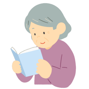 本を読むおばあさんの無料イラスト素材（読書・高齢者・落ち着いた時間・趣味）