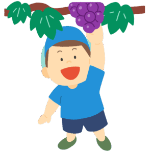 ブドウ狩りをする男の子の無料イラスト素材(秋の味覚・果物収穫・農業体験)