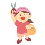 はさみで果物狩りをする女の子の無料イラスト素材（秋の味覚・収穫体験・農業体験）