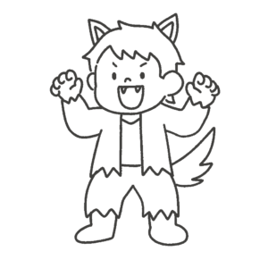 狼男の仮装をする男の子（白黒）の無料イラスト素材(ハロウィン・塗り絵・シルエット)