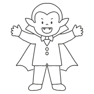 ドラキュラの仮装をする男の子（白黒）の無料イラスト素材(ハロウィン・塗り絵・シルエット)