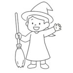 魔女の仮装をしている女の子（白黒）の無料イラスト素材(ハロウィン・塗り絵・シルエット)
