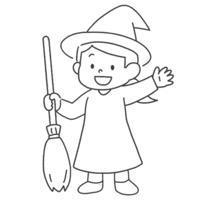 魔女の仮装をしている女の子(白黒)の無料イラスト素材(ハロウィン・塗り絵・シルエット)