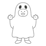 白い布をかぶったおばけに仮装した子ども（白黒）の無料イラスト素材