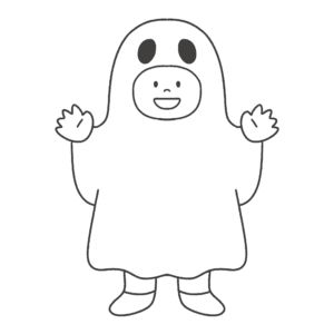白い布をかぶったおばけに仮装した子ども(白黒)の無料イラスト素材(ハロウィン・塗り絵・モノクロ)