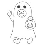 トリックオアトリートと言う子ども（白黒）の無料イラスト素材(ハロウィン・塗り絵・モノクロ)