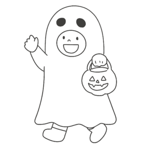 トリックオアトリートと言う子ども（白黒）の無料イラスト素材(ハロウィン・塗り絵・モノクロ)