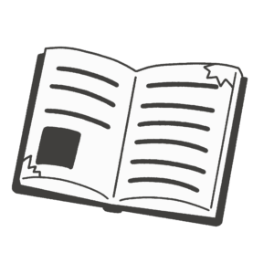 破れた本（白黒）の無料イラスト素材(書籍・破損・モノクロ)