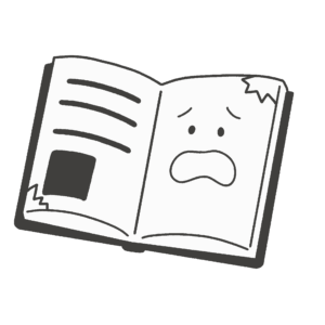 破れた本のキャラクター（白黒）の無料イラスト素材(書籍・破損・モノクロ)