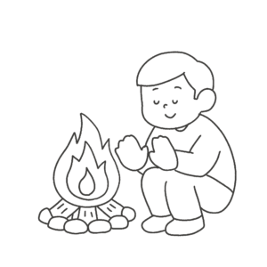 焚火にあたる人（白黒）の無料イラスト素材(キャンプ・アウトドア・モノクロ)