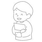 書類や紙を持つ男の子（白黒）の無料イラスト素材(学習・教育・モノクロ)