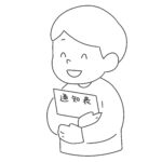 終業式に通知表をもらう男の子（白黒）の無料イラスト素材(学校・モノクロ・教育)