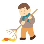 熊手で落ち葉を集める人の無料イラスト素材