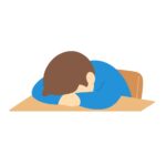 机に顔をうずめる男性の無料イラスト素材