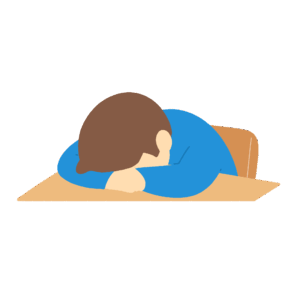 机に顔をうずめる男性の無料イラスト素材