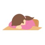 机に顔をうずめる女性の無料イラスト素材
