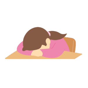 机に顔をうずめる女性の無料イラスト素材