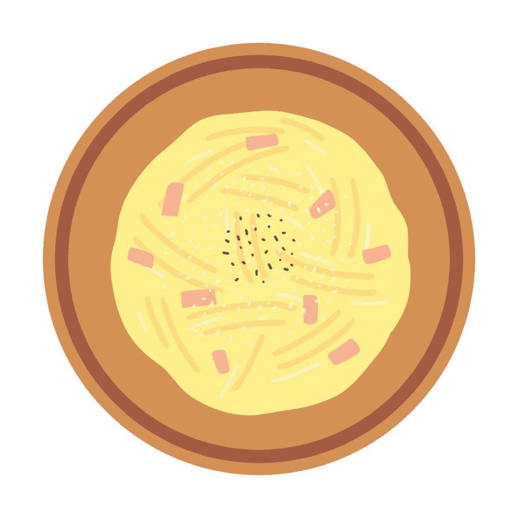 お皿にのったカルボナーラスパゲッティの無料イラスト素材