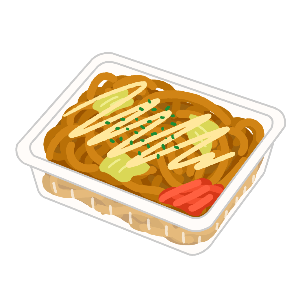 マヨネーズがかかったパック入りの焼きそばの無料イラスト素材