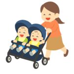 双子のベビーカーを押す母親の無料イラスト素材