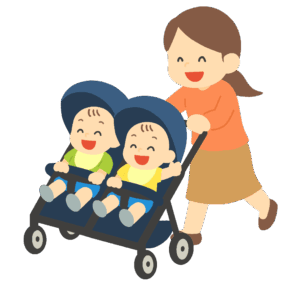 双子のベビーカーを押す母親の無料イラスト素材