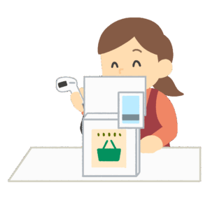 レジでハンドスキャナーをかざす店員さんの無料イラスト素材