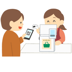 レジでQRコード決済をする人の無料イラスト素材