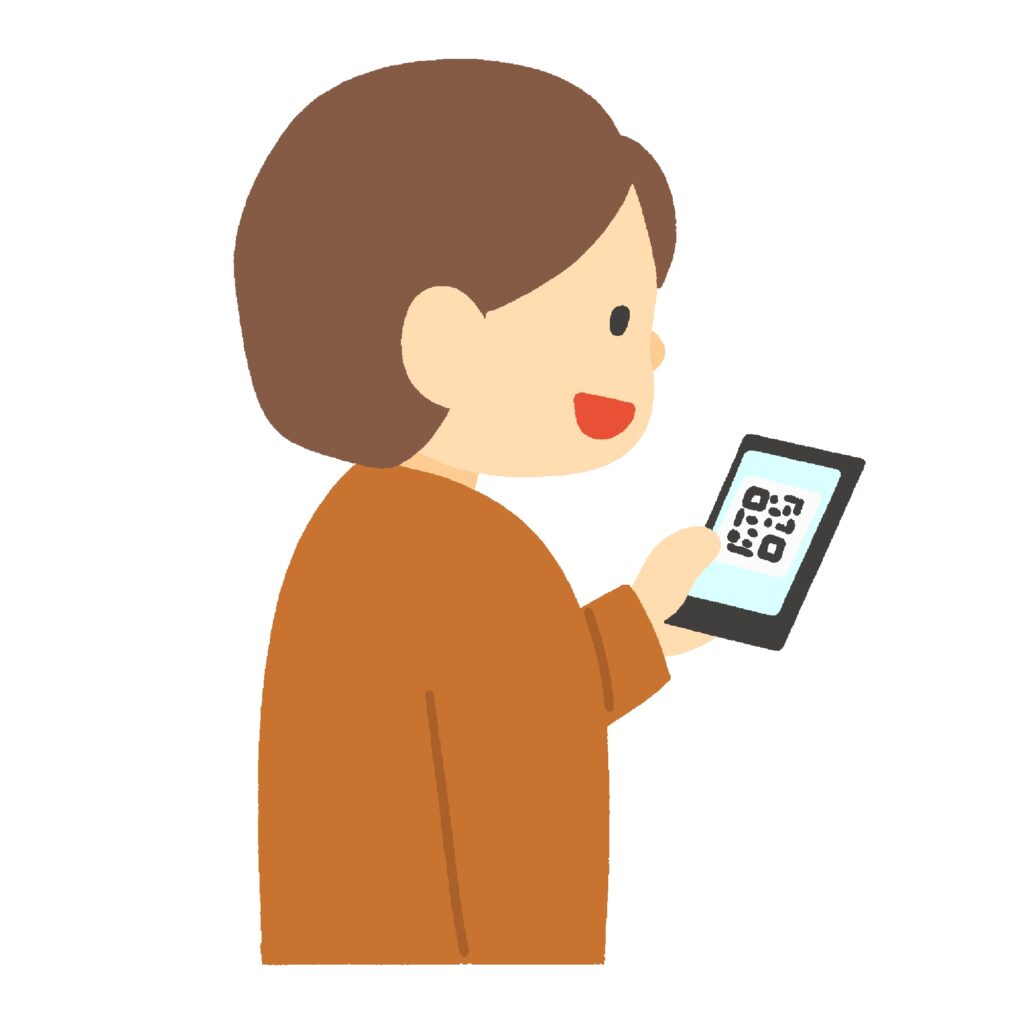 スマホにQRコードを表示する人の無料イラスト素材