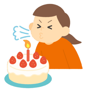 ケーキのろうそく（ロウソク・蝋燭）を吹き消す女の子の無料イラスト素材