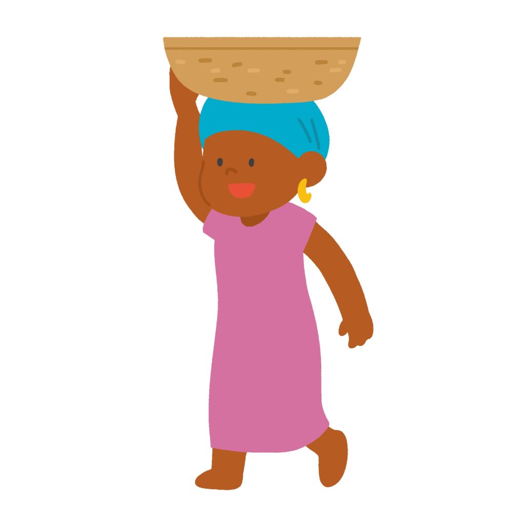 「頭上運搬（籠を頭に乗せて運ぶ人）の無料イラスト素材