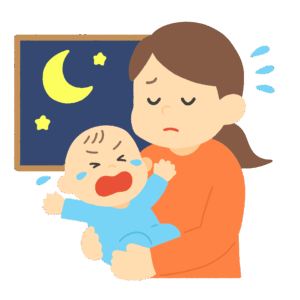 夜泣きの赤ちゃんをあやす母親の無料イラスト素材