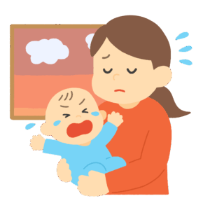 黄昏泣き（たそがれ泣き）の赤ちゃんをあやす母親の無料イラスト素材