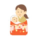 お宮参りで産着（うぶぎ）を着た赤ちゃんを抱っこする女性の無料イラスト素材