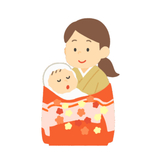 お宮参りで産着（うぶぎ）を着た赤ちゃんを抱っこする女性の無料イラスト素材