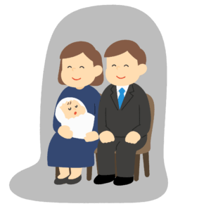 お宮参りで記念写真を撮る家族の無料イラスト素材