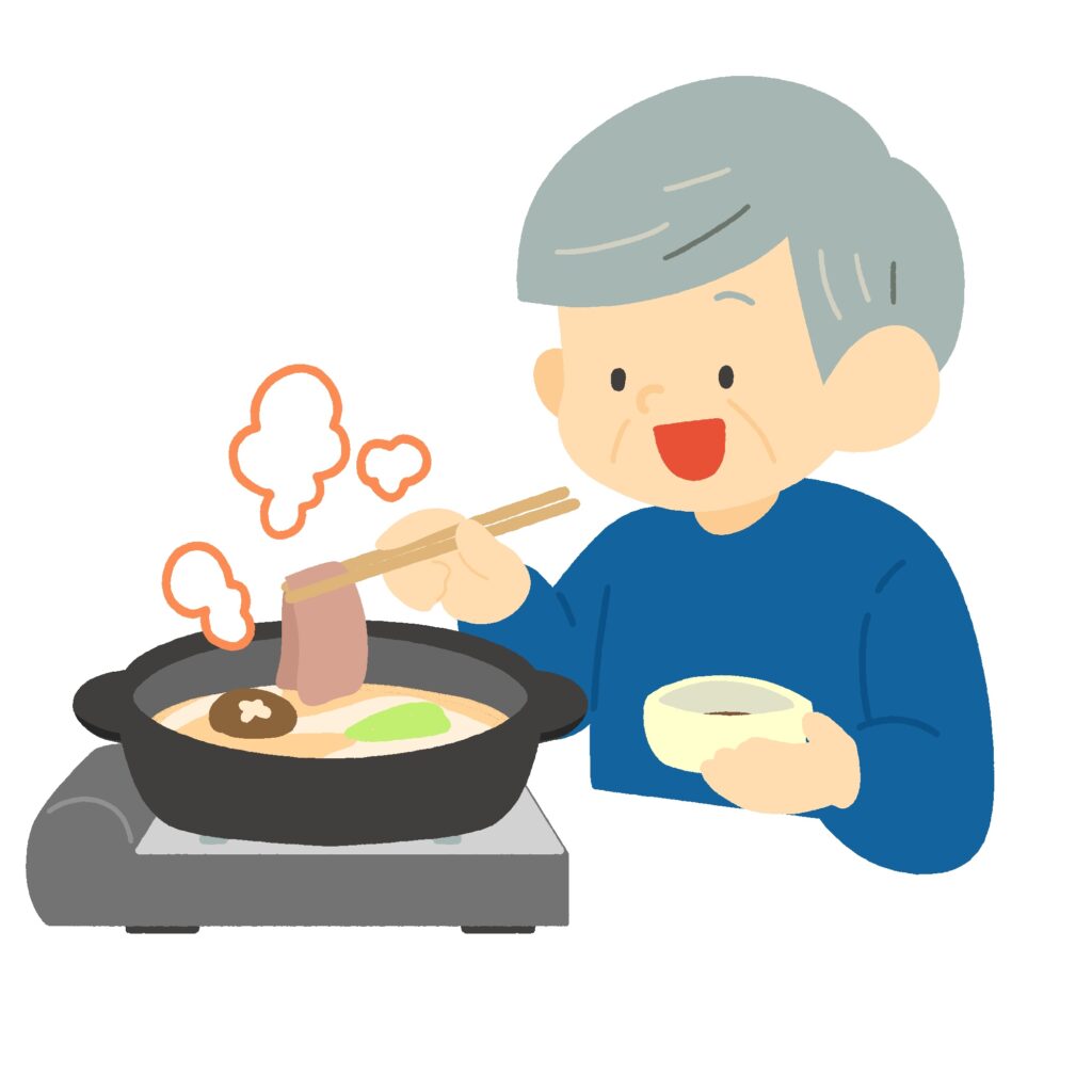 しゃぶしゃぶ鍋を食べるおじいさんの無料イラスト素材