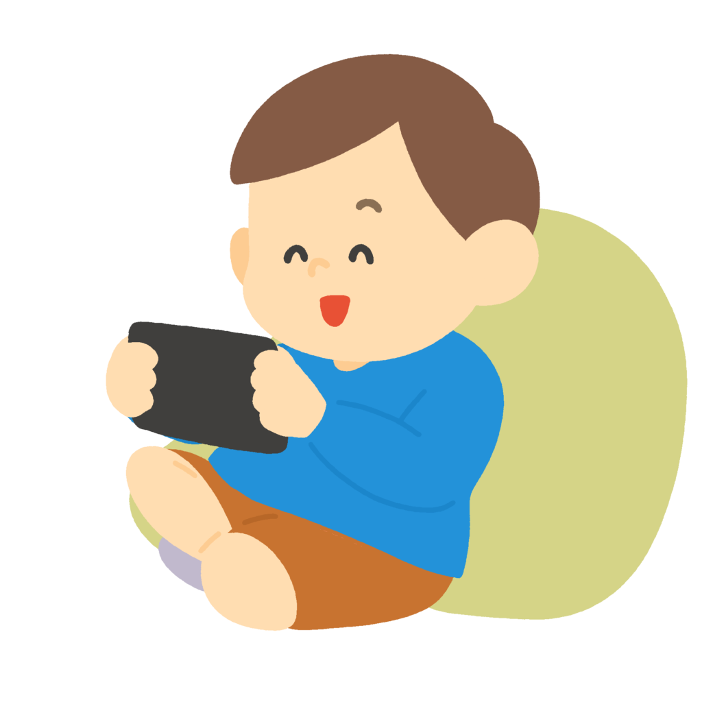 クッションに寄りかかってゲームをする男の子の無料イラスト素材