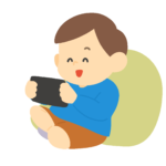 クッションに寄りかかってゲームをする男の子の無料イラスト素材